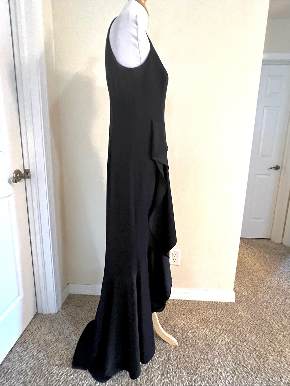 Adrianna Papell 8 Black Mermaid Gown Asymmetrical Ruffle Cascade Formal Evening - Picture 11 of 13